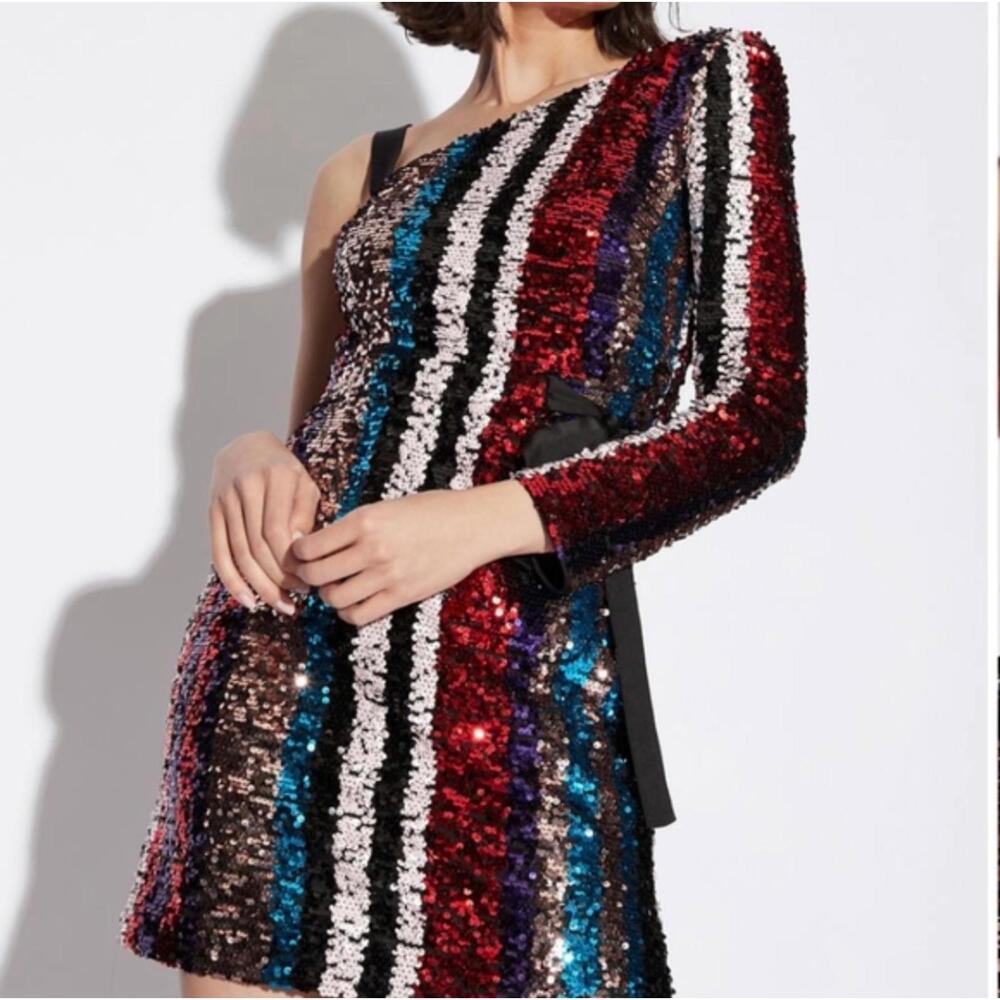 ARMANI EXCHANGE multicolor stripe sequin one sleeve mini dress sz 6